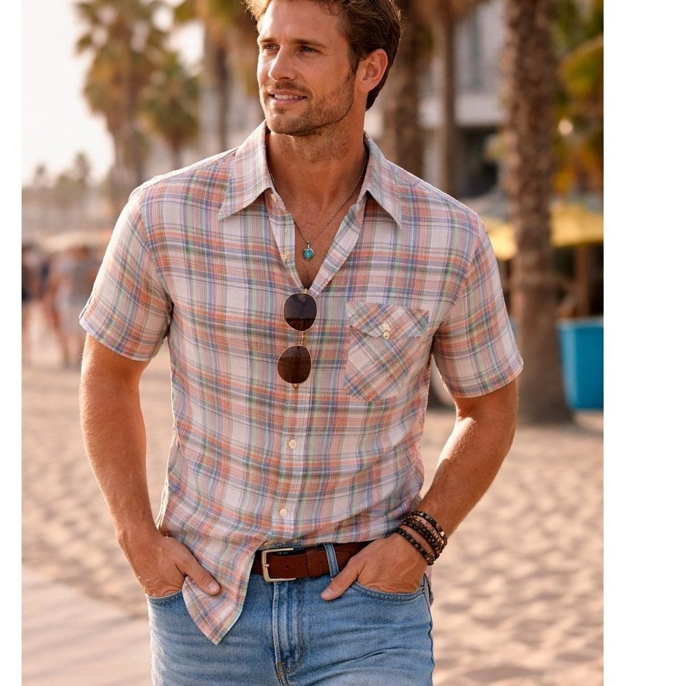 Vintage JCPenney Plain Pockets Mens Plaid Short‎ Sleeve Button Down Shirt Medium